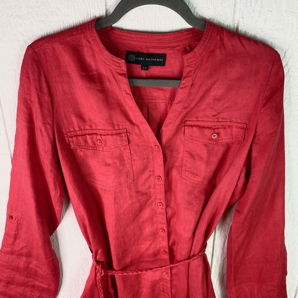 Lady Hathaway Button Up Red Tunic S/P Braided Fringe Belt 100% Linen Valentine's - Picture 8 of 16